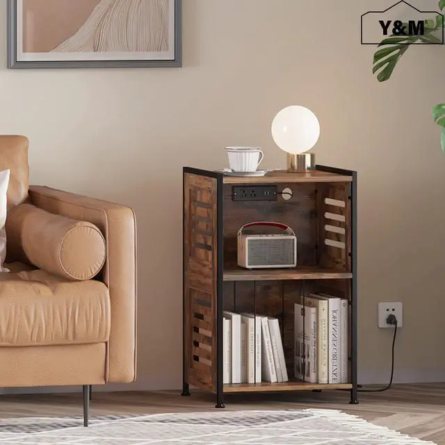Alt view image 5 of 5 - Y&M Record Player Stand, Vinyl Turntable Stand with Charging Station and USB Port, Record Display Table with Storage Cabinet, Turntable Holder, End Table, Nightstand for Bedroom, Living Room, Brown