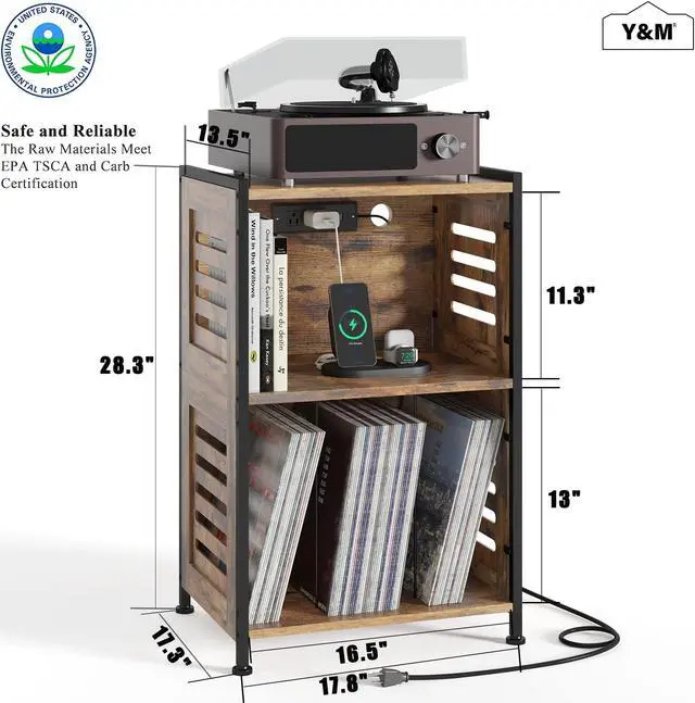 Alt view image 3 of 5 - Y&M Record Player Stand, Vinyl Turntable Stand with Charging Station and USB Port, Record Display Table with Storage Cabinet, Turntable Holder, End Table, Nightstand for Bedroom, Living Room, Brown
