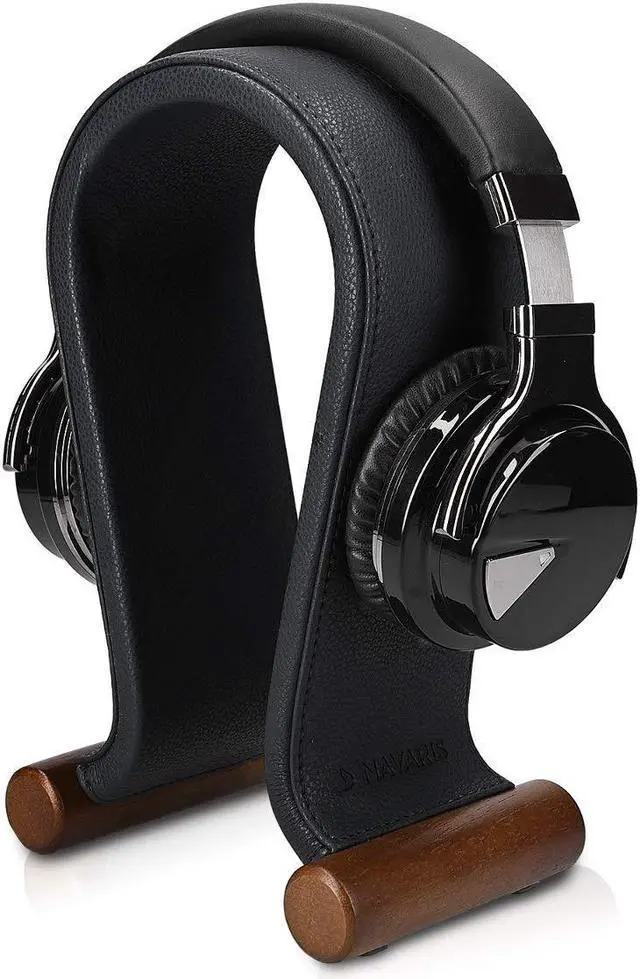Main image of Navaris Omega Headphone Stand - Synthetic Leather Headset Hanger with Wood Base - Holder for Wired, Wireless, Gaming, DJ, Studio Headphones - Black