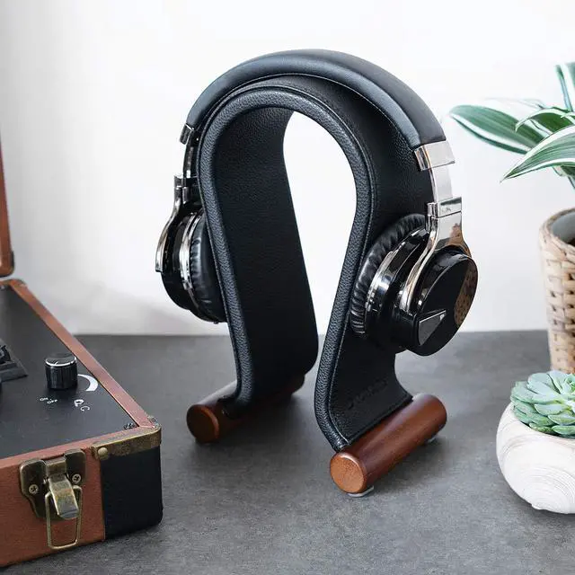 Alt view image 2 of 5 - Navaris Omega Headphone Stand - Synthetic Leather Headset Hanger with Wood Base - Holder for Wired, Wireless, Gaming, DJ, Studio Headphones - Black