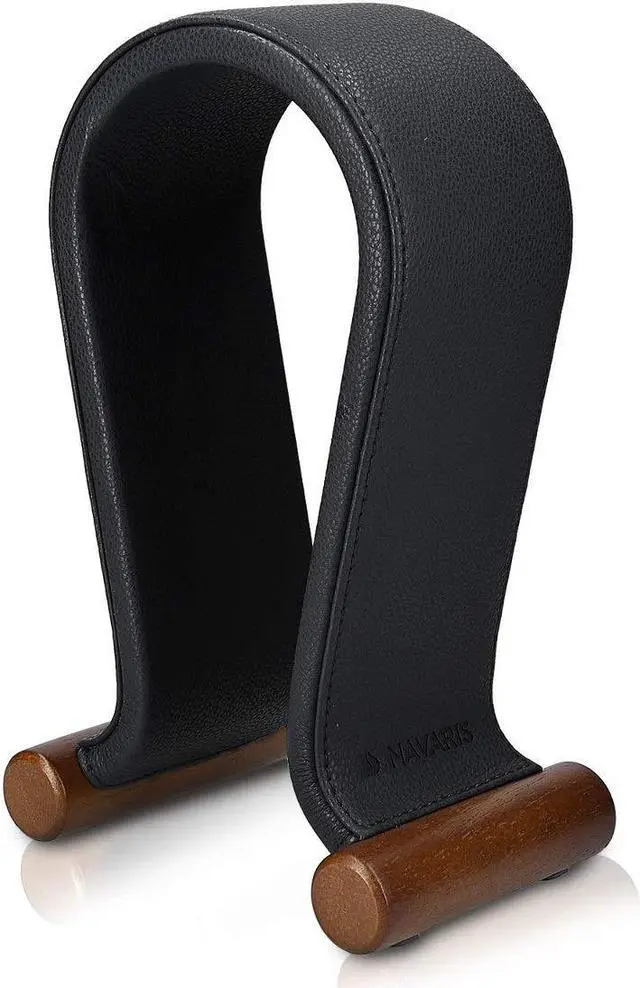 Alt view image 3 of 5 - Navaris Omega Headphone Stand - Synthetic Leather Headset Hanger with Wood Base - Holder for Wired, Wireless, Gaming, DJ, Studio Headphones - Black