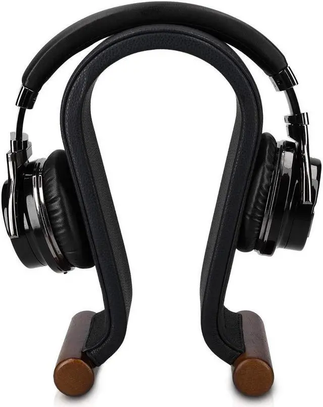 Alt view image 5 of 5 - Navaris Omega Headphone Stand - Synthetic Leather Headset Hanger with Wood Base - Holder for Wired, Wireless, Gaming, DJ, Studio Headphones - Black