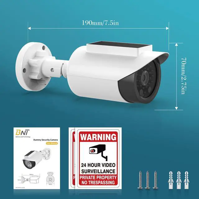 Alt view image 2 of 5 - BNT Solar Powered Fake Security Camera, Bullet Shape Fake Surveillance Camera with Red LED Light for Night, Security Warning Sticker, for Outdoor Safety Alert (White 2Pack,Battery not Included)