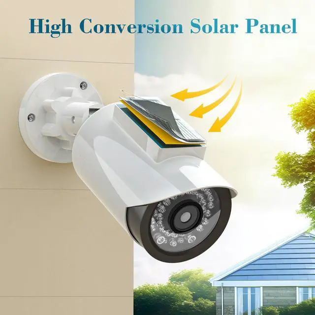 Alt view image 3 of 5 - BNT Solar Powered Fake Security Camera, Bullet Shape Fake Surveillance Camera with Red LED Light for Night, Security Warning Sticker, for Outdoor Safety Alert (White 2Pack,Battery not Included)