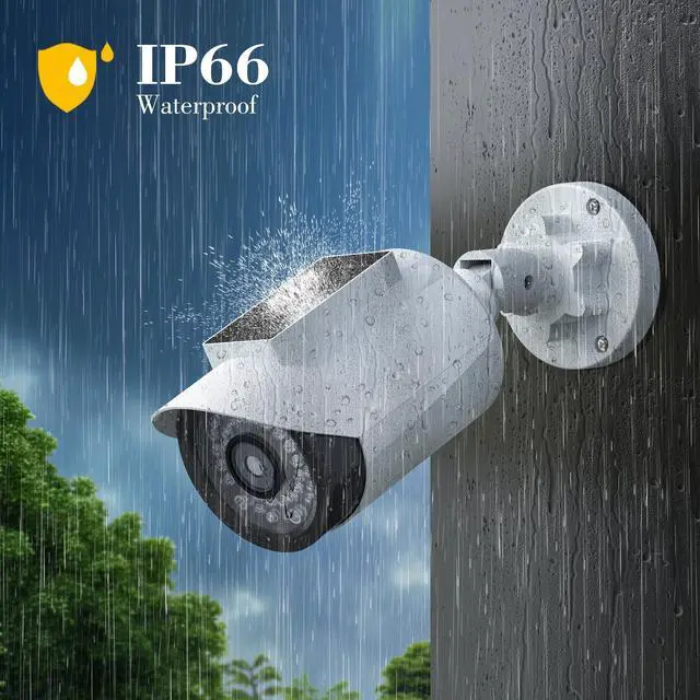 Alt view image 5 of 5 - BNT Solar Powered Fake Security Camera, Bullet Shape Fake Surveillance Camera with Red LED Light for Night, Security Warning Sticker, for Outdoor Safety Alert (White 2Pack,Battery not Included)