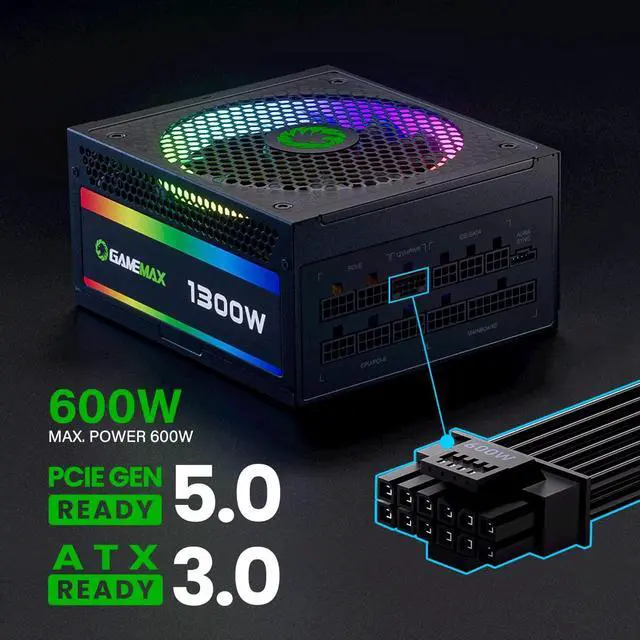 Alt view image 4 of 5 - GAMEMAX 1300W Power Supply, ATX 3.0 & PCIE 5.0 Ready, 80+ Platinum Certified, Addressable RGB with 5V Motherboard Sync, 100% Japanese Capacitors, Fully Modular, RGB-1300