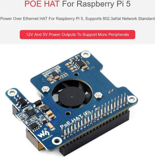 Alt view image 2 of 5 - waveshare POE Power Over Ethernet HAT for Raspberry Pi 5, IEEE 802.3af/at PoE Network Standard, Onboard 5V & 12V Header Outputs, with Cooling Fan and Metal Heatsink