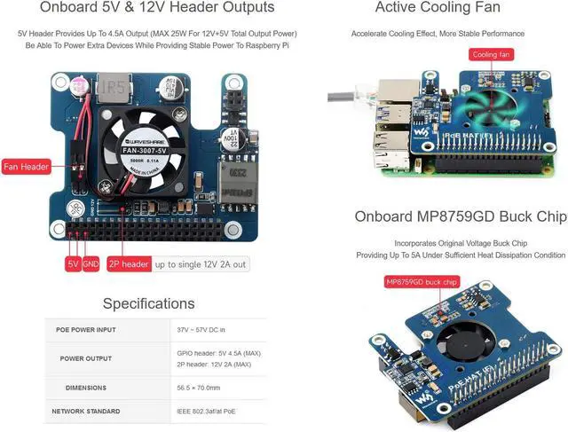 Alt view image 4 of 5 - waveshare POE Power Over Ethernet HAT for Raspberry Pi 5, IEEE 802.3af/at PoE Network Standard, Onboard 5V & 12V Header Outputs, with Cooling Fan and Metal Heatsink