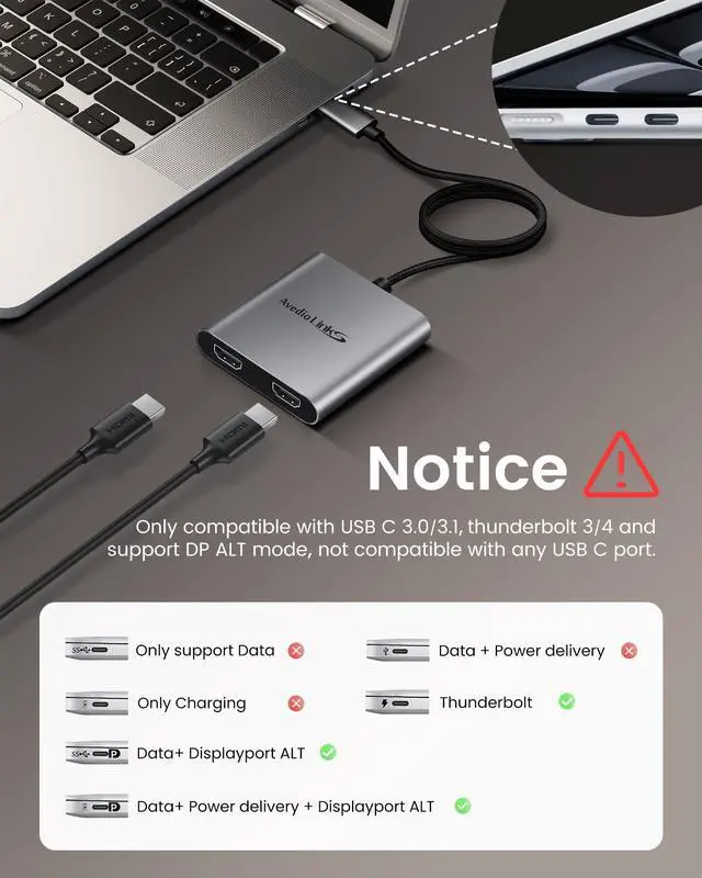 Alt view image 5 of 5 - avedio links USB C to Dual HDMI Adapter 4K@60HZ, Type C to HDMI Splitter for Dual Monitors Extended Display,Compatible for USB C 3.0/3.1,Thunderbolt 3,Support Dual 4K 30HzMST Mode Only for Windows
