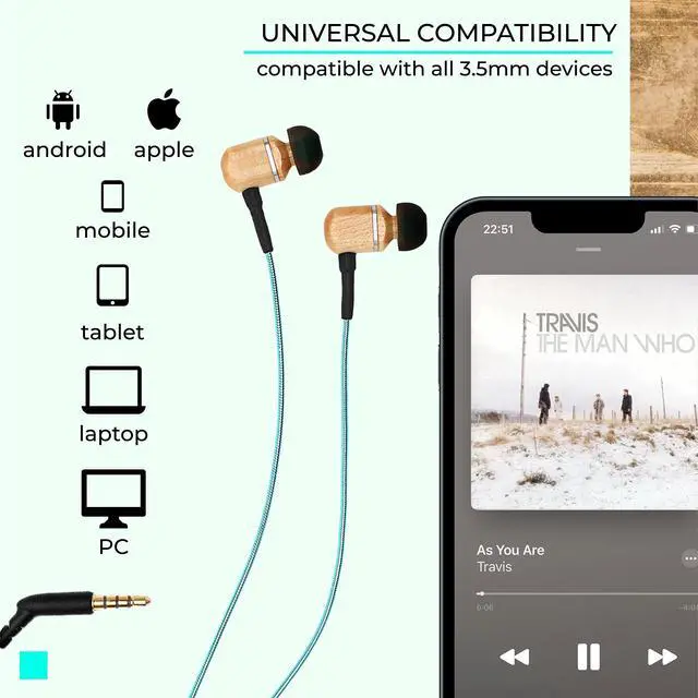 Alt view image 3 of 5 - Symphonized MTRX 2.0 Premium Genuine Wood In-ear Noise-isolating Headphones, Earbuds, Earphones with Innovative Shield Technology Cable, Mic And Volume Control (Turquoise)