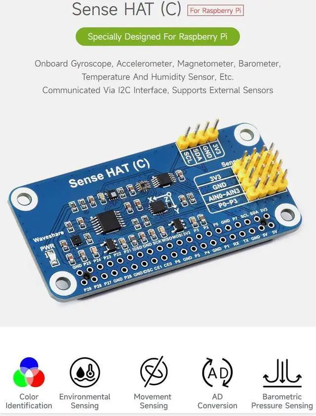Alt view image 3 of 5 - Waveshare Sense HAT C Type Compatible with Raspberry Pi, Onboard Multi Powerful Sensors, Supports External Sensors