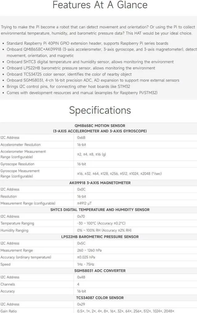 Alt view image 4 of 5 - Waveshare Sense HAT C Type Compatible with Raspberry Pi, Onboard Multi Powerful Sensors, Supports External Sensors