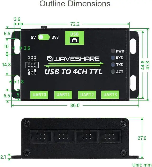 Alt view image 4 of 5 - waveshare Industrial USB to 4CH TTL Converter USB to UART with Multi Protection Circuits Multi Systems Support