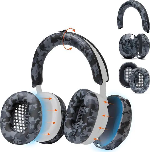 Main image of WC SweatZ and ShellZ Protective Covers Bundle for Sony WH1000XM5 Headphones by Wicked Cushions | Black Camo