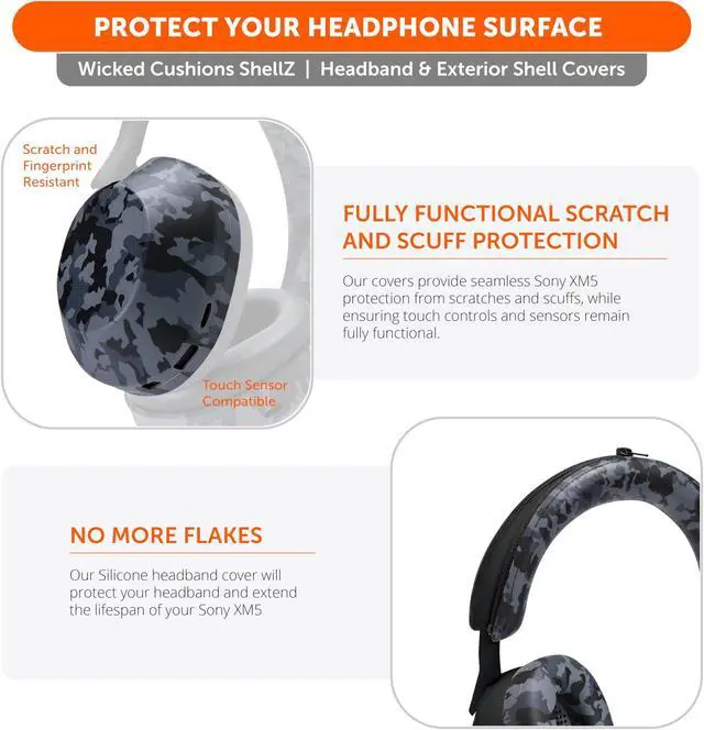 Alt view image 4 of 5 - WC SweatZ and ShellZ Protective Covers Bundle for Sony WH1000XM5 Headphones by Wicked Cushions | Black Camo
