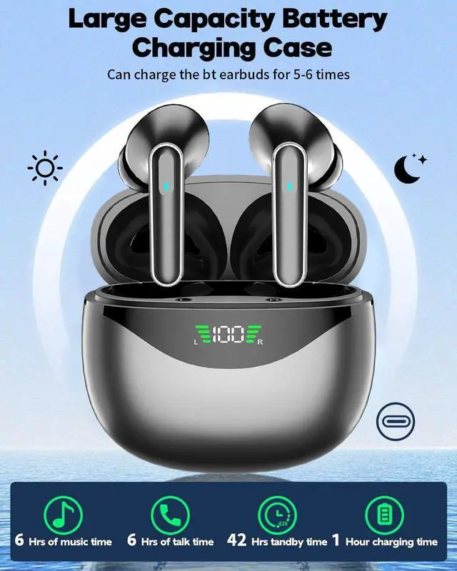 Alt view image 2 of 5 - AGKG123 Wireless Earbuds Bluetooth Headphones, 42H Playtime Stereo IPX5 Waterproof Ear Buds, LED Power Display Cordless in-Ear Earphones with Microphone for iOS Android Cell Phone Sports (Black)