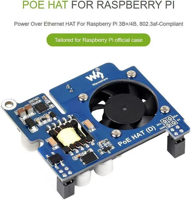 Alt view image 4 of 5 - Power Over Ethernet HAT POE Type D for Raspberry Pi 3B+/4B, 802.3af-Compliant, Fits Raspberry Pi Official Case