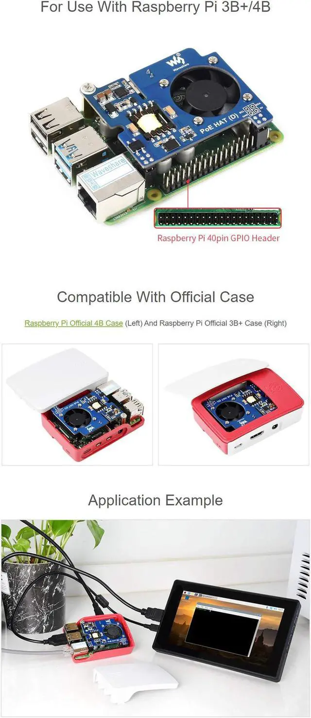 Alt view image 5 of 5 - Power Over Ethernet HAT POE Type D for Raspberry Pi 3B+/4B, 802.3af-Compliant, Fits Raspberry Pi Official Case