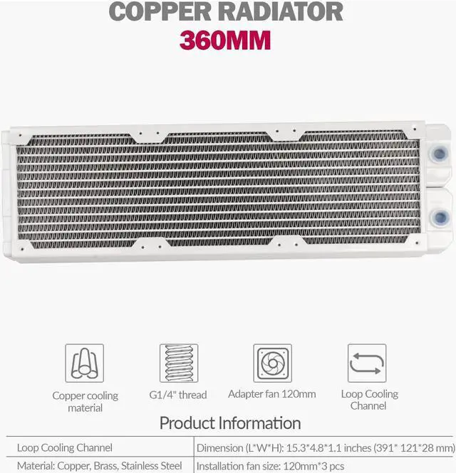 Alt view image 2 of 5 - Dracaena.io 360mm - 28mm/1.1 inch Thick Computer Radiator, 14 Tubes Copper Water Cooling Cooler for CPU Heat Sink - Liquid Heat Exchanger Dual G1/4 Thread, White