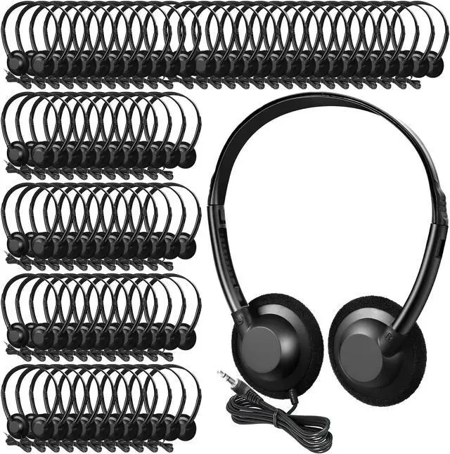 Main image of Flutesan 60 Pieces Classroom School Headphones Bulk on Ear Headphone with 3.5mm Headphone Plug in Adjustable Disposable for Kids Adults Student Noise Stereo Sound Library No Microphone