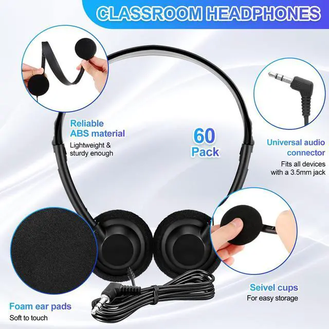 Alt view image 4 of 5 - Flutesan 60 Pieces Classroom School Headphones Bulk on Ear Headphone with 3.5mm Headphone Plug in Adjustable Disposable for Kids Adults Student Noise Stereo Sound Library No Microphone