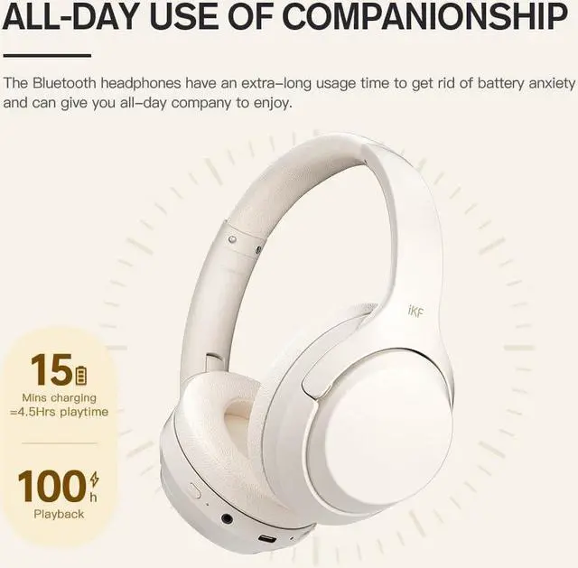 Alt view image 3 of 5 - iKF T1/T1 Pro/T1 Max Wireless Bluetooth Over-Ear Headphones, 100H Battery, HiFi Sound, ANC, Multi-Device Connection, App Control, Wired Mode, for Travel, Work, Gaming, Music T1 Pro Offwhite