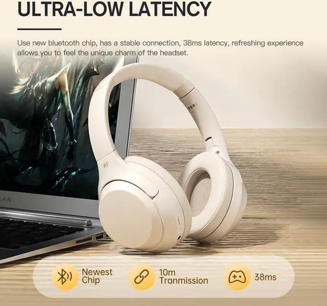 Alt view image 4 of 5 - iKF T1/T1 Pro/T1 Max Wireless Bluetooth Over-Ear Headphones, 100H Battery, HiFi Sound, ANC, Multi-Device Connection, App Control, Wired Mode, for Travel, Work, Gaming, Music T1 Pro Offwhite