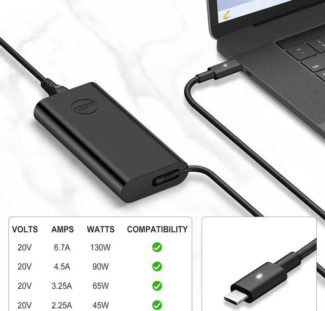 Alt view image 5 of 5 - Charger for Dell Laptop Computer 130W 90W 65W 45W USB C Fast Power Adapter