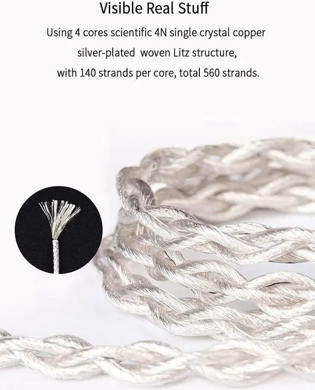 Alt view image 2 of 5 - 4 Core 2PIN Earphone Cable-KBEAR [Inspiration -S] Upgrade Cable, Singel Crystal Copper Silver plated Cable, IEM Detachable Cable with 2.5mm Plug, Suit for AS06 AS10 ZS10 I3Pro (2PIN, 2.5Silver)