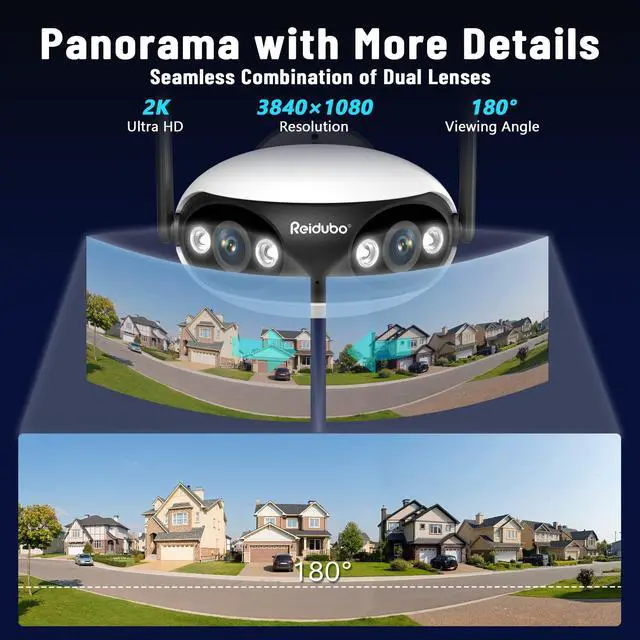 Alt view image 2 of 5 - Reidubo WIFI Security Camera Outdoor, PoE Camera with Dual-Lens 180° Ultra-Wide View, 4MP Color Night Vision, 2-Way Audio, IP66 Waterproof, Sound & Light Alarm, Compatible with Alexa & Google Home