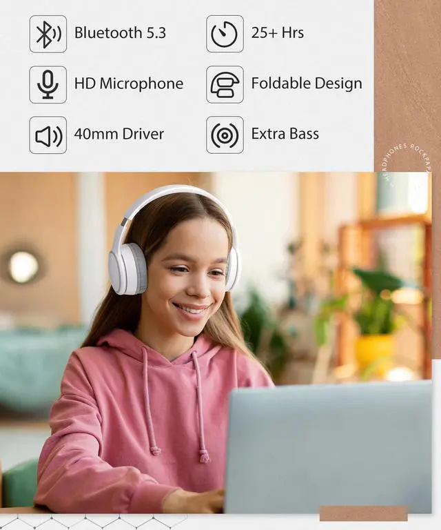 Alt view image 5 of 5 - rockpapa E9 Over Ear Bluetooth Headphones for Kids Children Boy Girl Adult, Stereo Foldable Wired/Wireless Headphones with Microphone for School Travel Tablet PC TV, Include Case, White Grey