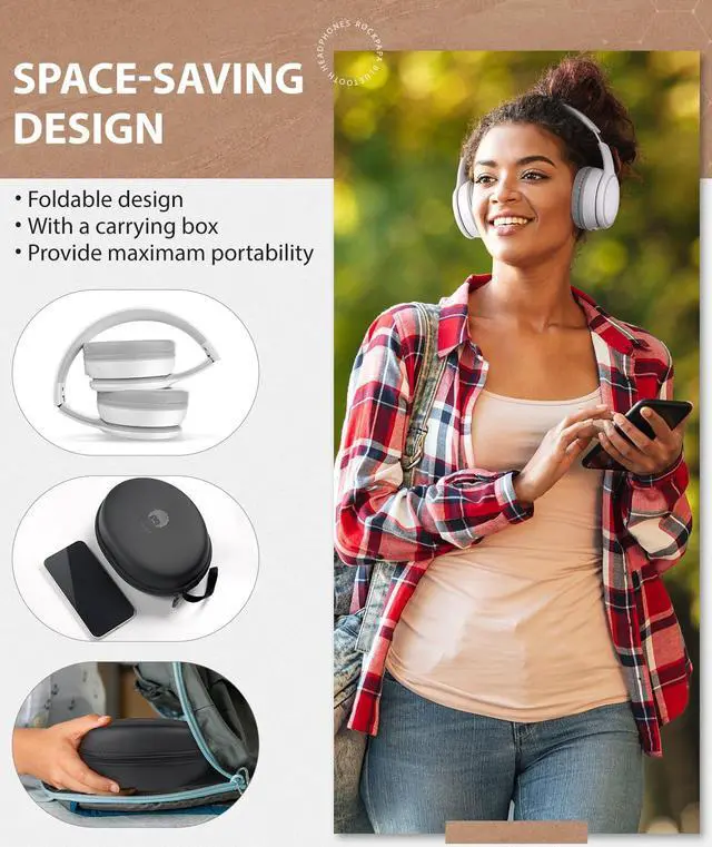 Alt view image 4 of 5 - rockpapa E9 Over Ear Bluetooth Headphones for Kids Children Boy Girl Adult, Stereo Foldable Wired/Wireless Headphones with Microphone for School Travel Tablet PC TV, Include Case, White Grey