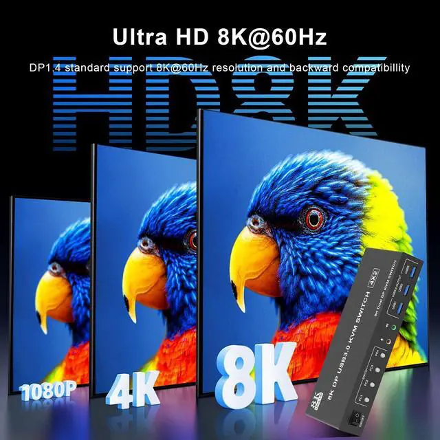 Alt view image 3 of 5 - 8K@60Hz Displayport USB 3.0 KVM Switch 2 Monitors 4 Computers, DP1.4 KVM Switch Dual Monitor with Audio Microphone Output and 3 USB 3.0 Ports, 4 Port KVM Switch Displayport for 4 PCs 2 Monitors