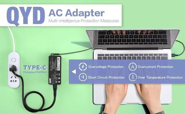 Alt view image 2 of 5 - QYD 65W USB C Laptop Charger for Lenovo,Dell, HP, Asus, Samsung, Acer, Google and More Laptop Power Cord AC Adapter
