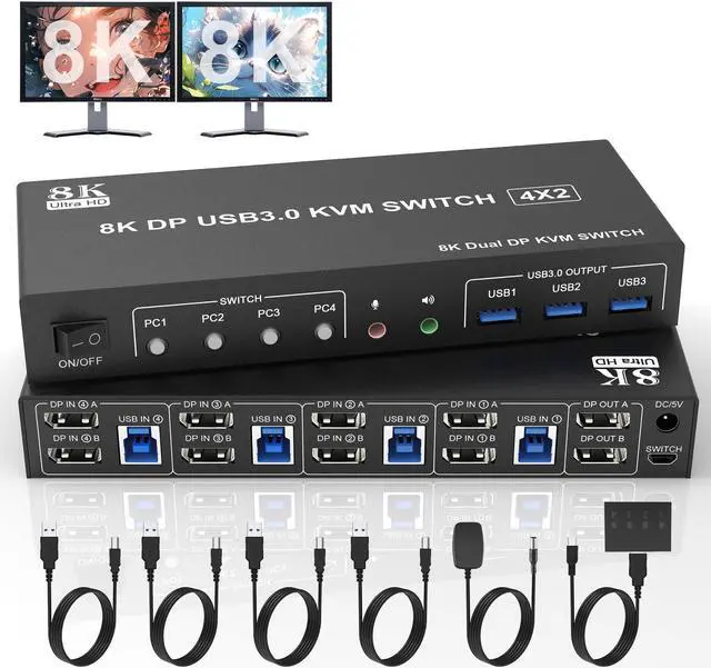 Main image of 8K@60Hz Displayport USB 3.0 KVM Switch 2 Monitors 4 Computers, DP1.4 KVM Switch Dual Monitor with Audio Microphone Output and 3 USB 3.0 Ports, 4 Port KVM Switch Displayport for 4 PCs 2 Monitors