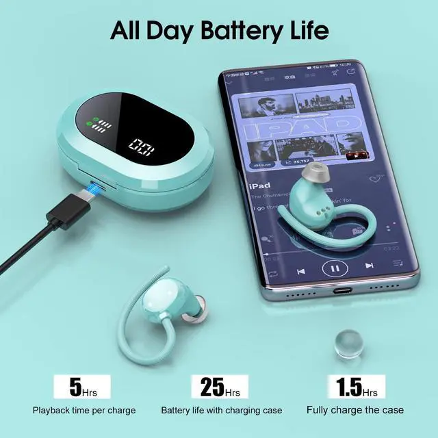 Alt view image 5 of 5 - Wireless Earbuds, 2023 New Ultralight Sport Bluetooth 5.3 Headphones In Ear with LED Display, Built-in Mic Earphones, IPX7 Waterproof Wireless Headphones with Earhooks for Gym Workout (Blue)