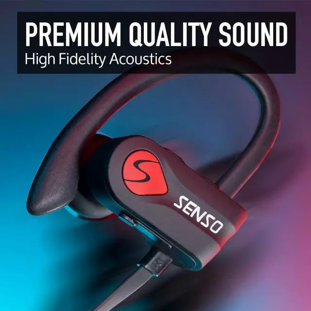 Alt view image 2 of 5 - Senso Bluetooth Headphones, Best Wireless Sports Earphones w/Mic IPX7 Waterproof HD Stereo Sweatproof Earbuds for Gym Running Workout 8 Hour Battery Noise Cancelling Headsets (Black Red)