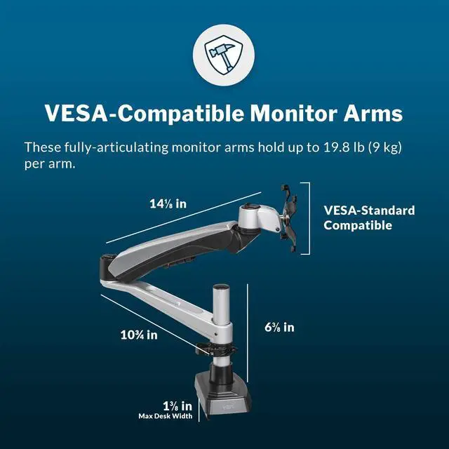 Alt view image 5 of 5 - Vari Dual Monitor Arm - VESA Monitor Mount w/ 360 Degree Adjustment - Monitors up to 27 inches, 19.8 lbs - Double Monitor Arms with Full Adjustability - Computer Monitor Stand for Home or Office