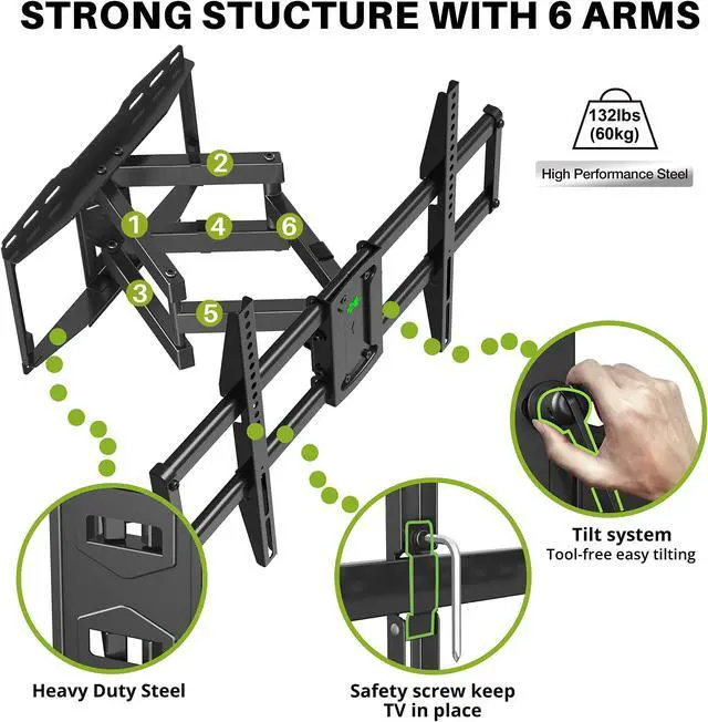 Alt view image 3 of 5 - Full Motion TV Wall Mount for Most 42-85 inch TV, Swivel and Tilt Mount with Dual Articulating Arms Up to 132lbs, VESA 600x400mm, 16" Wood Stud