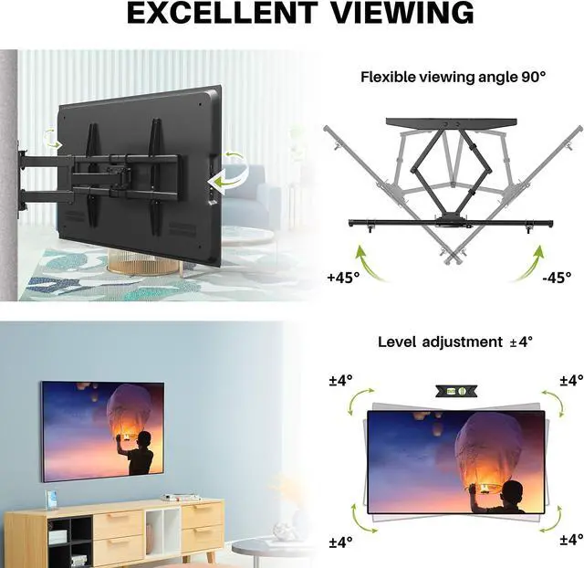 Alt view image 4 of 5 - Full Motion TV Wall Mount for Most 42-85 inch TV, Swivel and Tilt Mount with Dual Articulating Arms Up to 132lbs, VESA 600x400mm, 16" Wood Stud