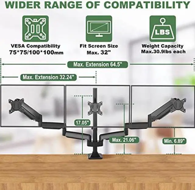 Alt view image 3 of 5 - UPGRAVITY Triple Monitor Stand, 3 Monitor Desk Mount for Three Computer Screens up to 32", Heavy Duty C-Clamp Base, Fully Adjustable Gas Spring Triple Monitor Arms Hold up to 30.9 lbs Each