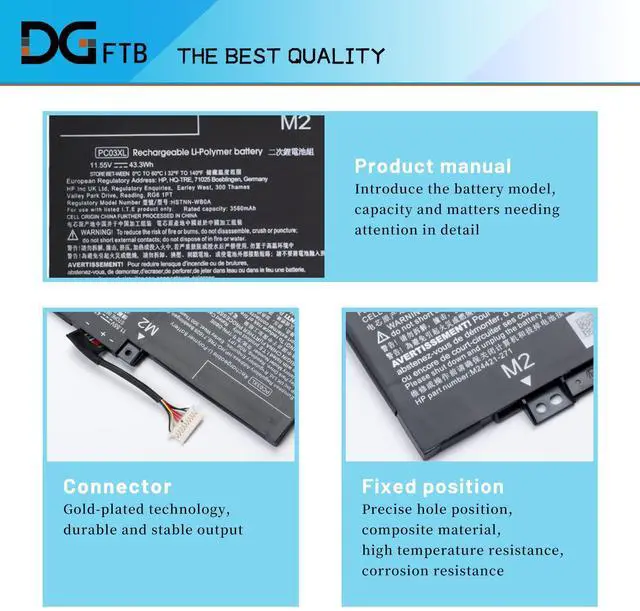 Alt view image 2 of 5 - DGFTB PC03XL Laptop Battery Replacement for HP Pavilion x360 14 Convertible PC 14-DW 14-DY 14-DH 14-BA 14-CD 14-EK 15-ER HSTNN-OB1W M24421-271 M24421-AC1 M24648-005 (11.55V 43.3Wh/3560mAh)