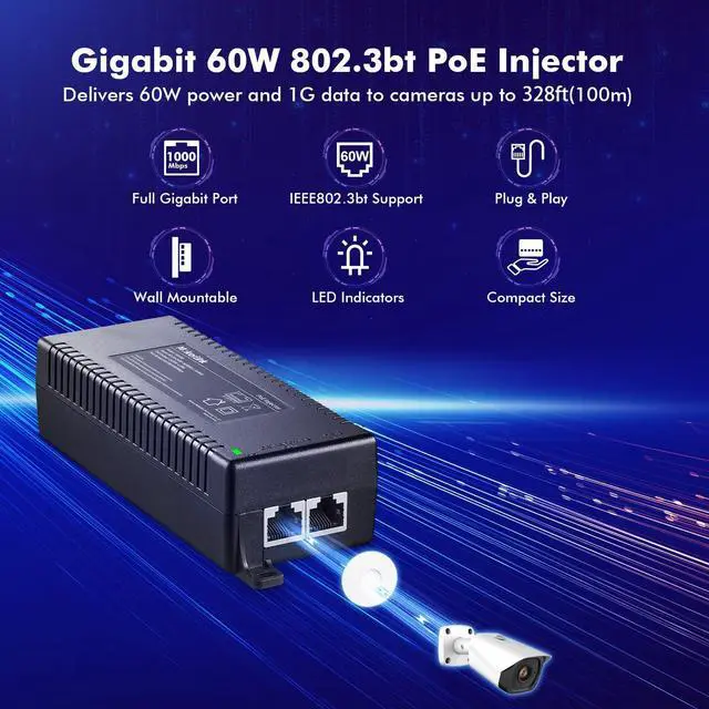 Alt view image 2 of 5 - MokerLink Gigabit PoE Injector, 802.3af/at/bt 60W, 10/100/1000Mbps Ethernet, Plug & Play, Distance Up to 100 Meters (328 ft.)