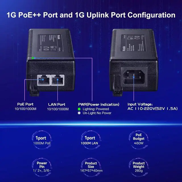 Alt view image 3 of 5 - MokerLink Gigabit PoE Injector, 802.3af/at/bt 60W, 10/100/1000Mbps Ethernet, Plug & Play, Distance Up to 100 Meters (328 ft.)