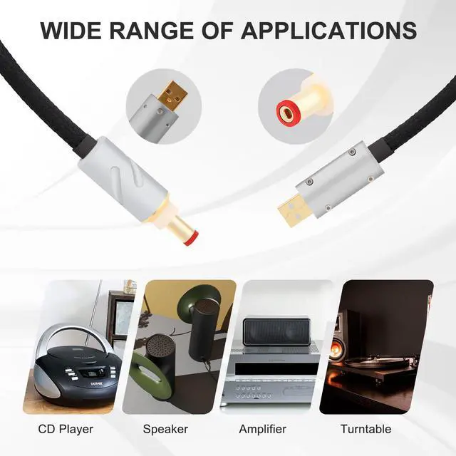 Alt view image 2 of 5 - Monosaudio 14AWG USB to DC Power Cable 24K Gold Plated USB to 2.5mm DC Plug Audio Cable OCC Copper Silver Plated Audiophile DC Cable Linear USB Charger Cord- Fast Charging2M/6.6Ft