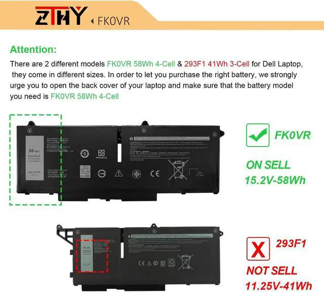 Alt view image 4 of 5 - ZTHY 58Wh FK0VR Laptop Battery Replacement for Dell Latitude 5330 7330 7430 7530 Latitude 5330 2-in-1/7330 2-in-1/7430 2-in-1 P133G P134G P135G P136G P110F P138G P139G FKOVR 8H6WD 51R71 15.2V 4-Cell
