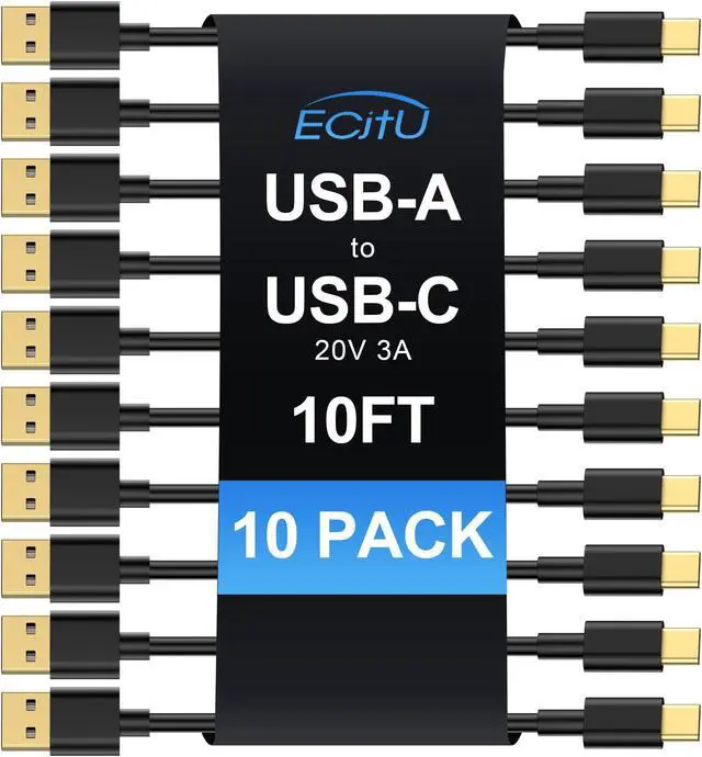 Main image of USB A to USB C Cable 10FT (10 Pack), Type C Fast Charging Cord, 20V/3A 60W(MAX) Charger Compatible with Samsung S21 S20 S10 S9 S8, Note 10/9/8, Google Pixel, LG G5/6/7, Moto Z, HTC, Lumia 950