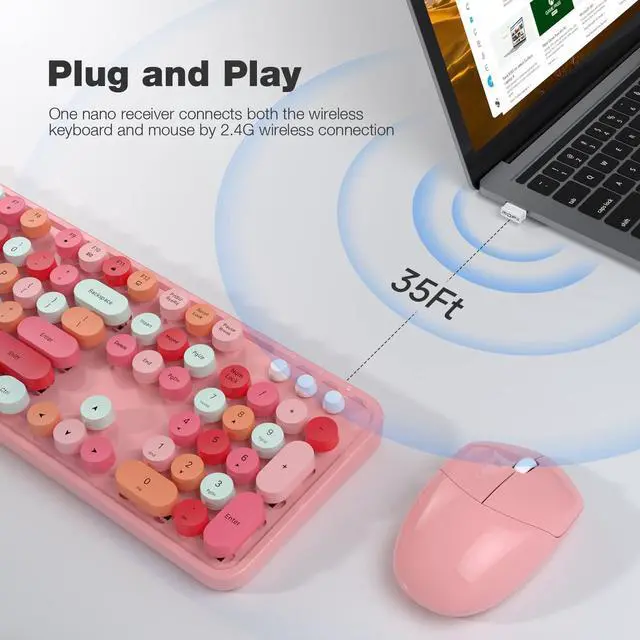 Alt view image 2 of 5 - Wireless Keyboard and Mouse Combo, MOWUX Colorful Computer Full Size 2.4G Plug and Play Wireless Typewriter Keyboard and Mouse Set for Windows, Computer, Desktop, PC, Notebook (Pink Colorful)