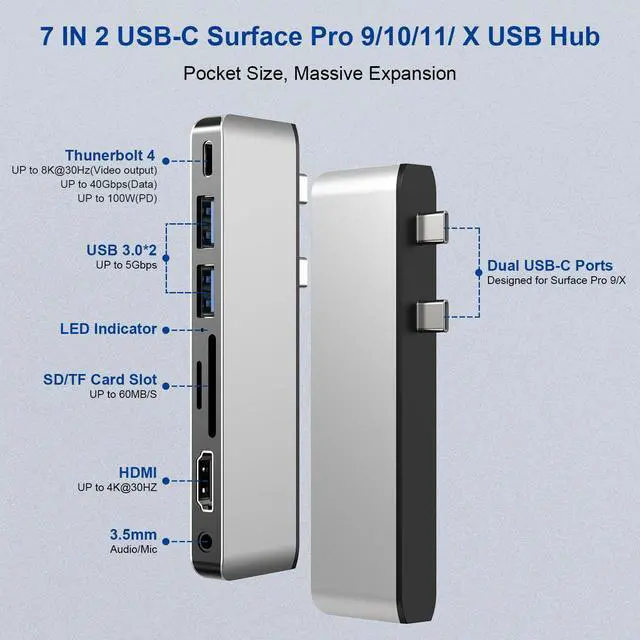 Alt view image 2 of 5 - Surface Pro 9/10/11/X Docking Station, Surface Pro 9 USB Hub with 4K HDMI, USB-C Thunderbolt 4 (Display+Data+100W PD), 2 USB 3.0, 3.5mm Audio, SD/TF Card Reader for Surface Pro 9/Pro 10/Pro 11/Pro X