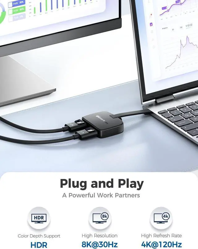 Alt view image 4 of 5 - Cable Matters Portable 8K or Dual 4K 60Hz USB C to Dual DisplayPort Adapter, Foldable Thunderbolt to 2X DisplayPort Adapter - Does NOT Supports Dual Displays on macOS